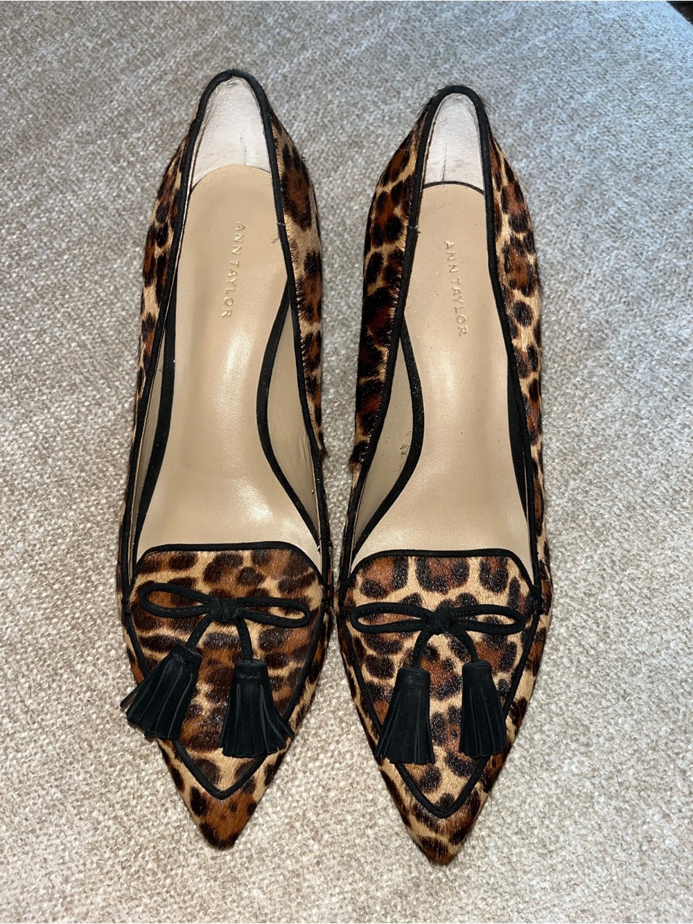 Ann Taylor Leopard Print Pointed Tassel Flats - Black Trim